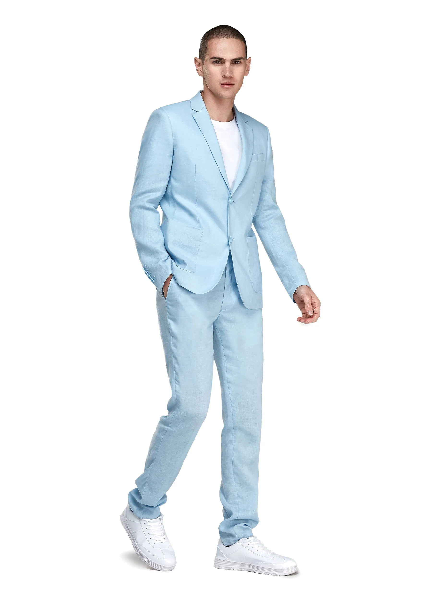 1PA1 Men's 100% Linen Light Blue Jacket Trousers 2-Pieces Suit Set