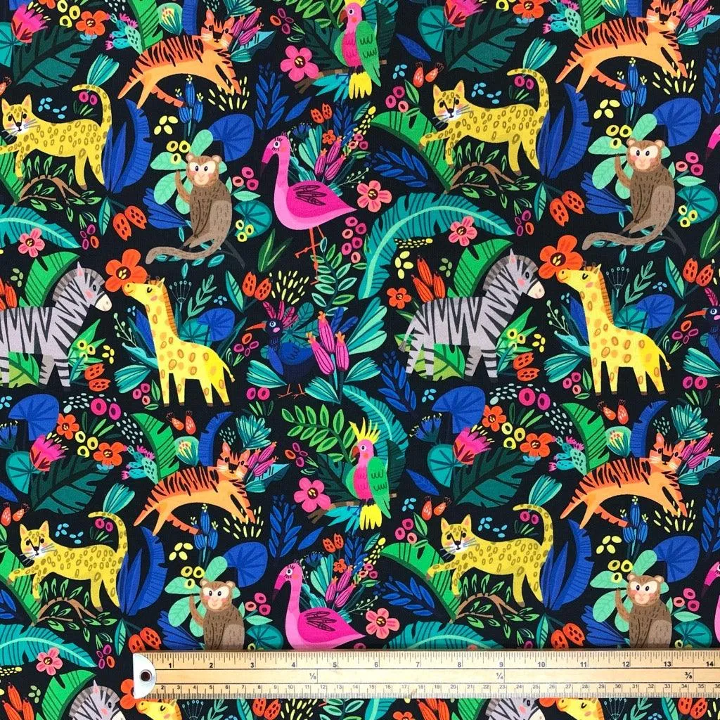 Animal Jungle on Black French Terry Fabric