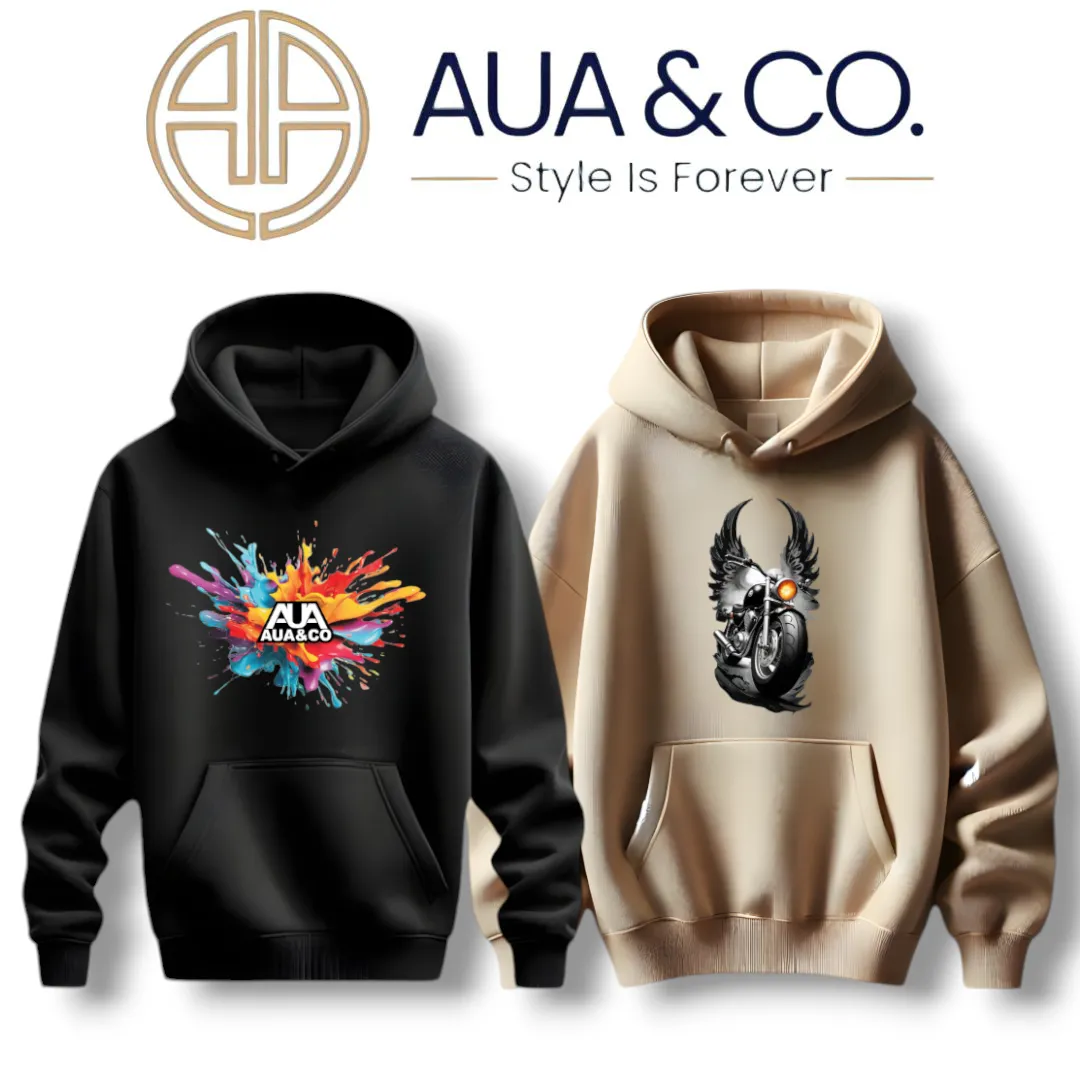 AUA&CO Men's Winter Hoodie Bundle | Black & Beige | Stylish Graphic Designs | High-Quality Fleece