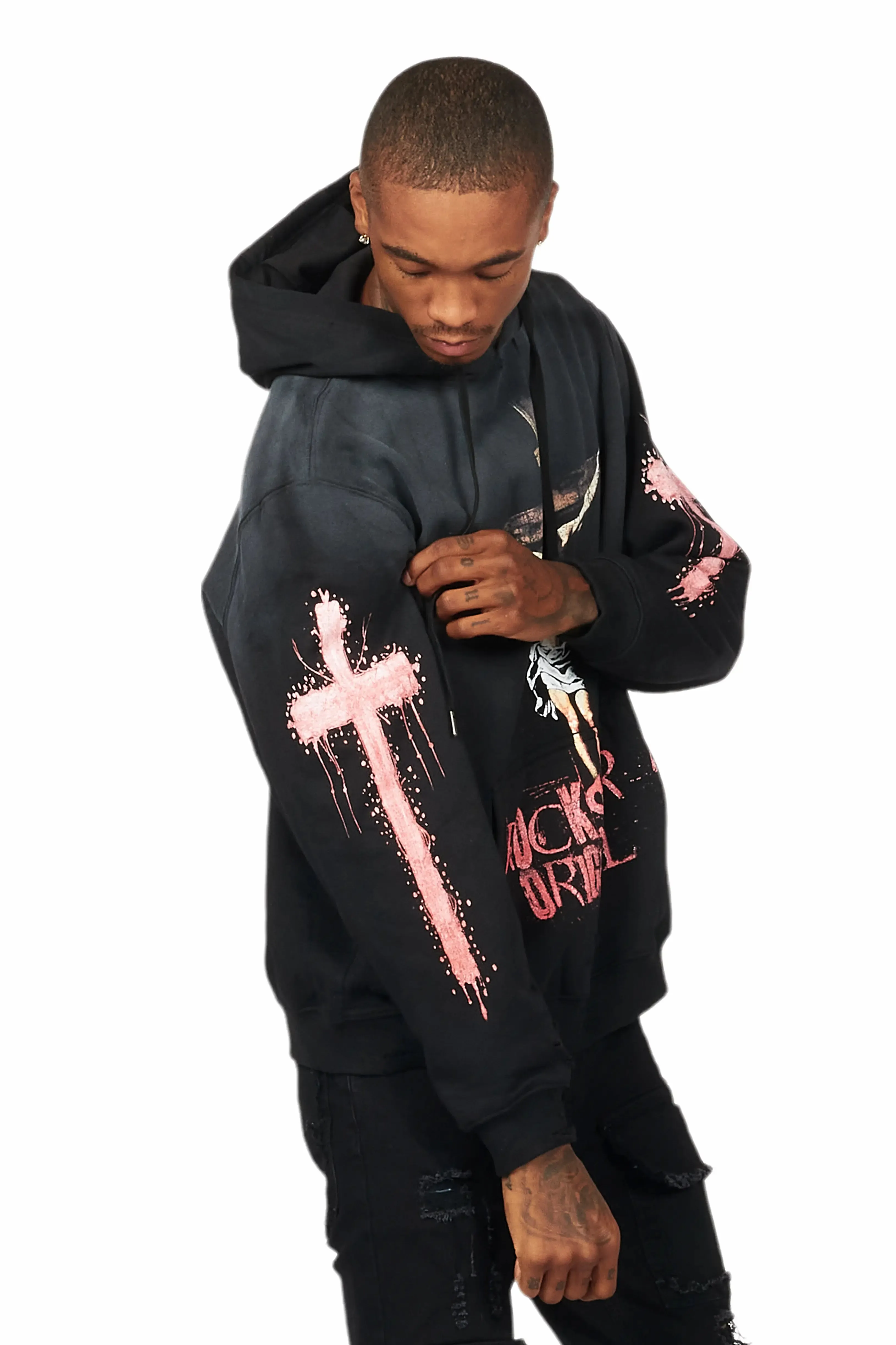 Barke Black Graphic Distressed Hoodie