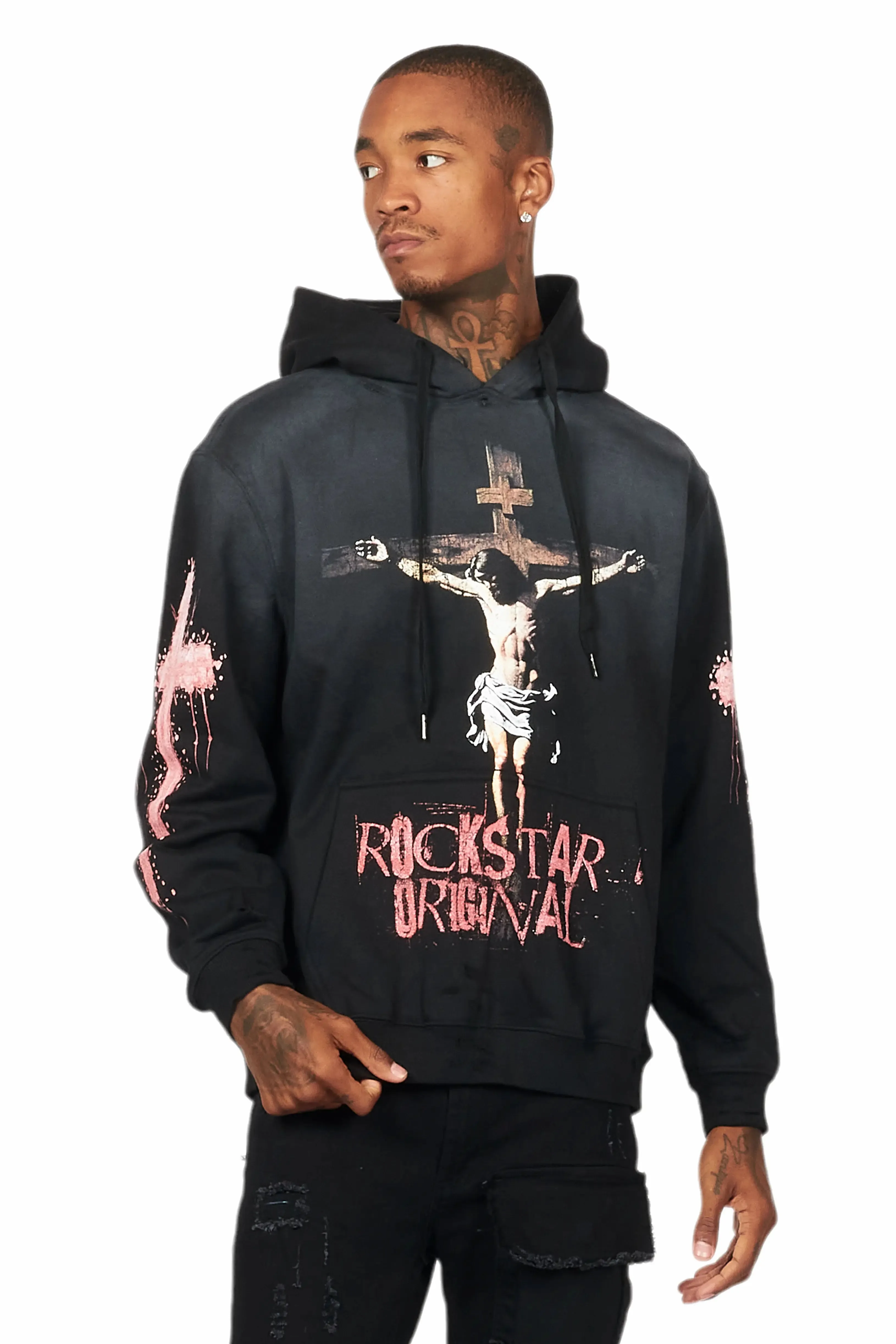 Barke Black Graphic Distressed Hoodie