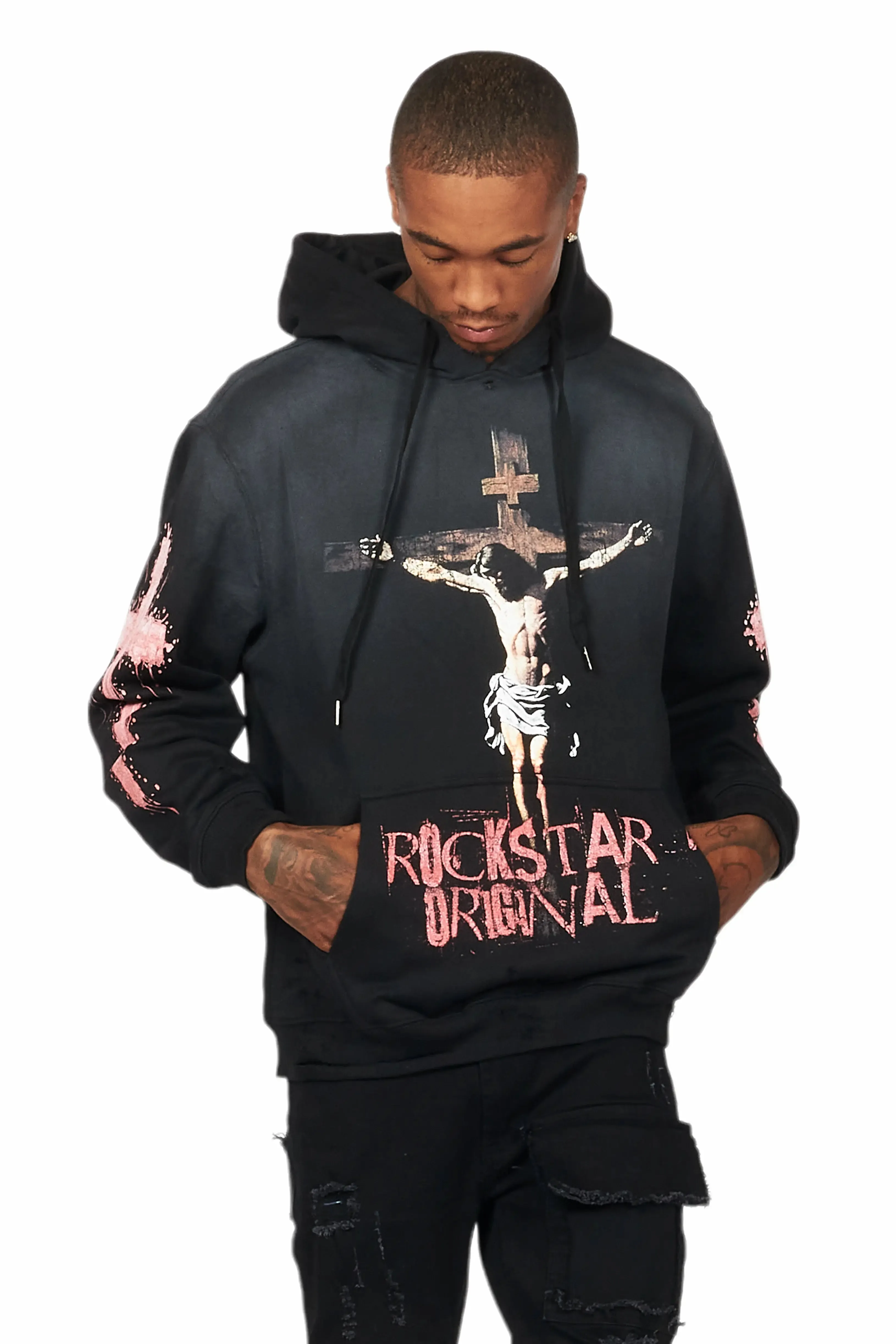 Barke Black Graphic Distressed Hoodie