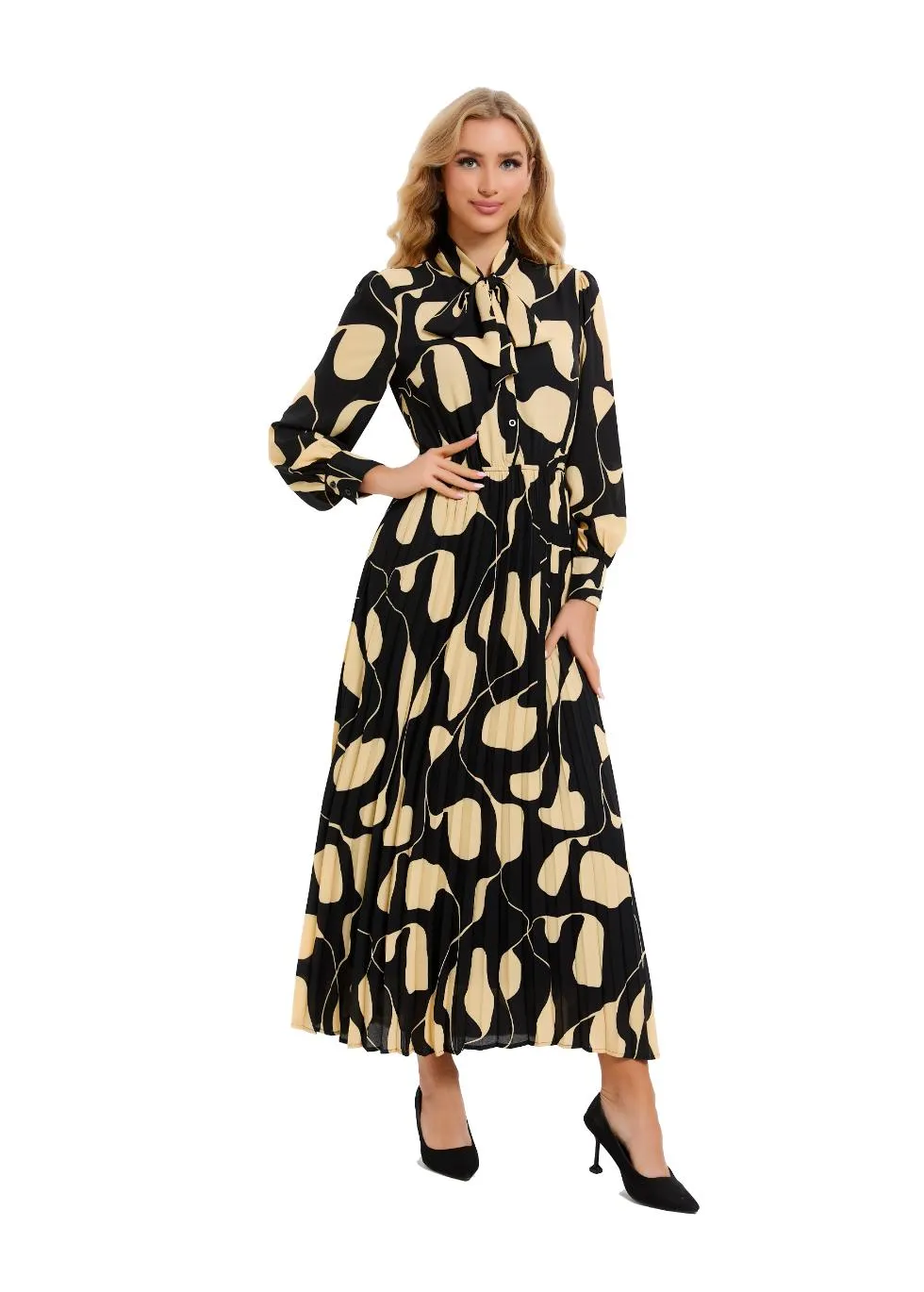 Black and Beige Belted Midi Dress