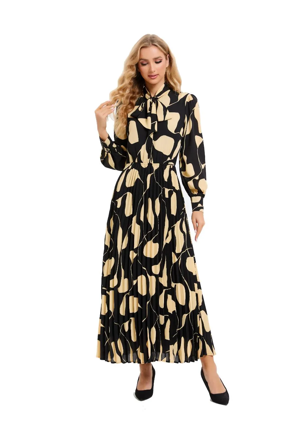 Black and Beige Belted Midi Dress