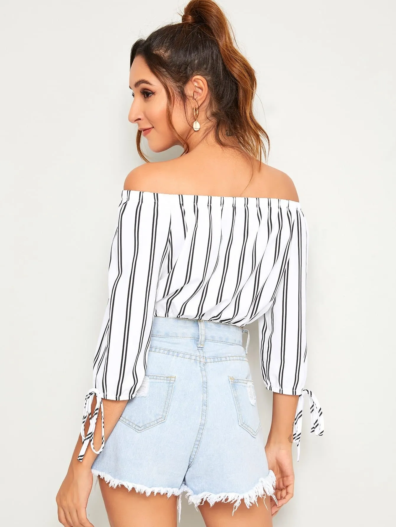 Black and White Striped Three Quarter Sleeve Off Shoulder Knot Cuff Blouse