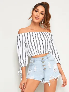 Black and White Striped Three Quarter Sleeve Off Shoulder Knot Cuff Blouse