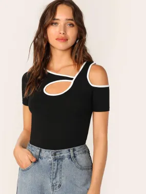 Black Asymmetrical Neck Contrast Binding Cutout Slim Fit Tee Top