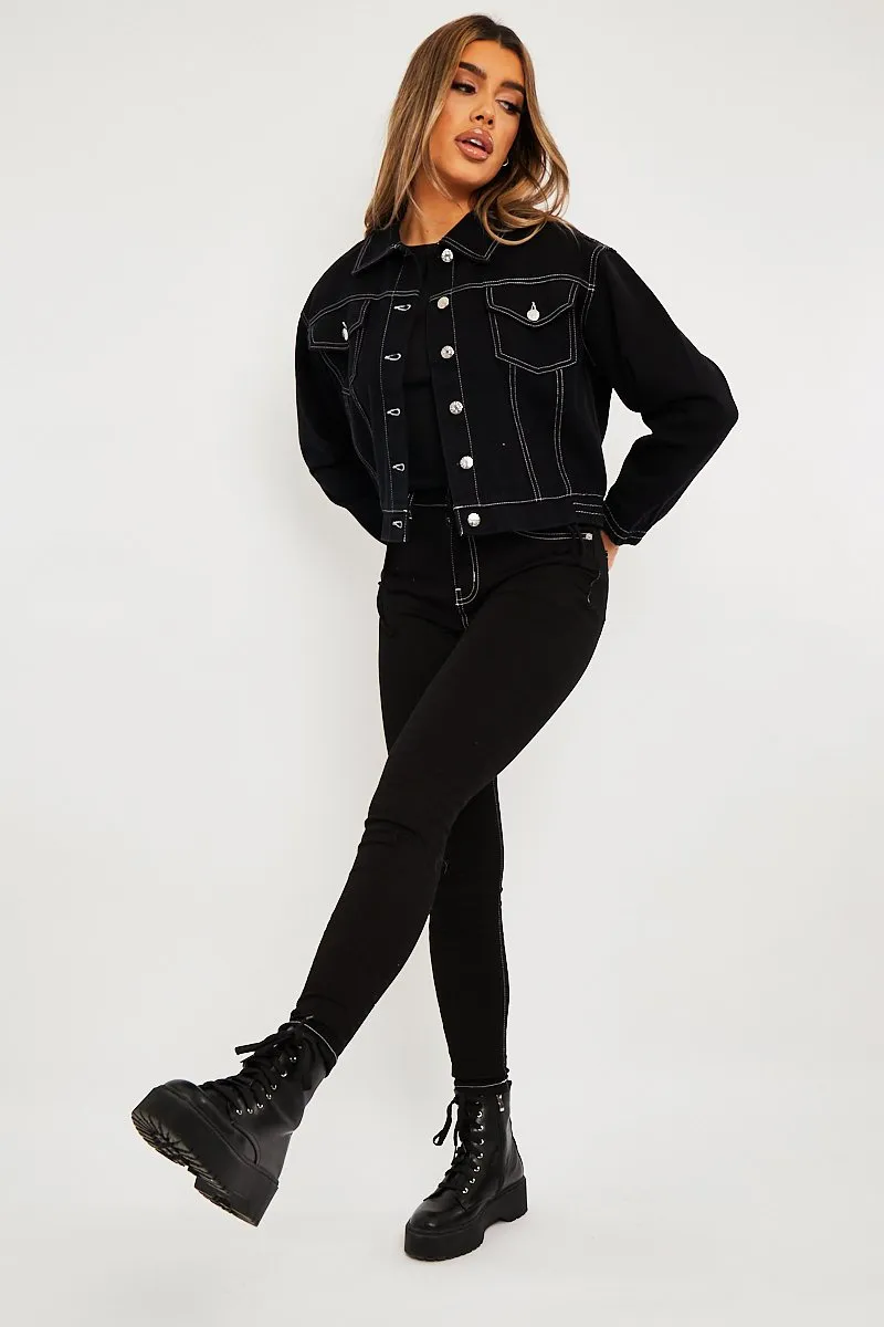 Black Contrast Stitch Elasticated Hem Denim Jacket - Danalee