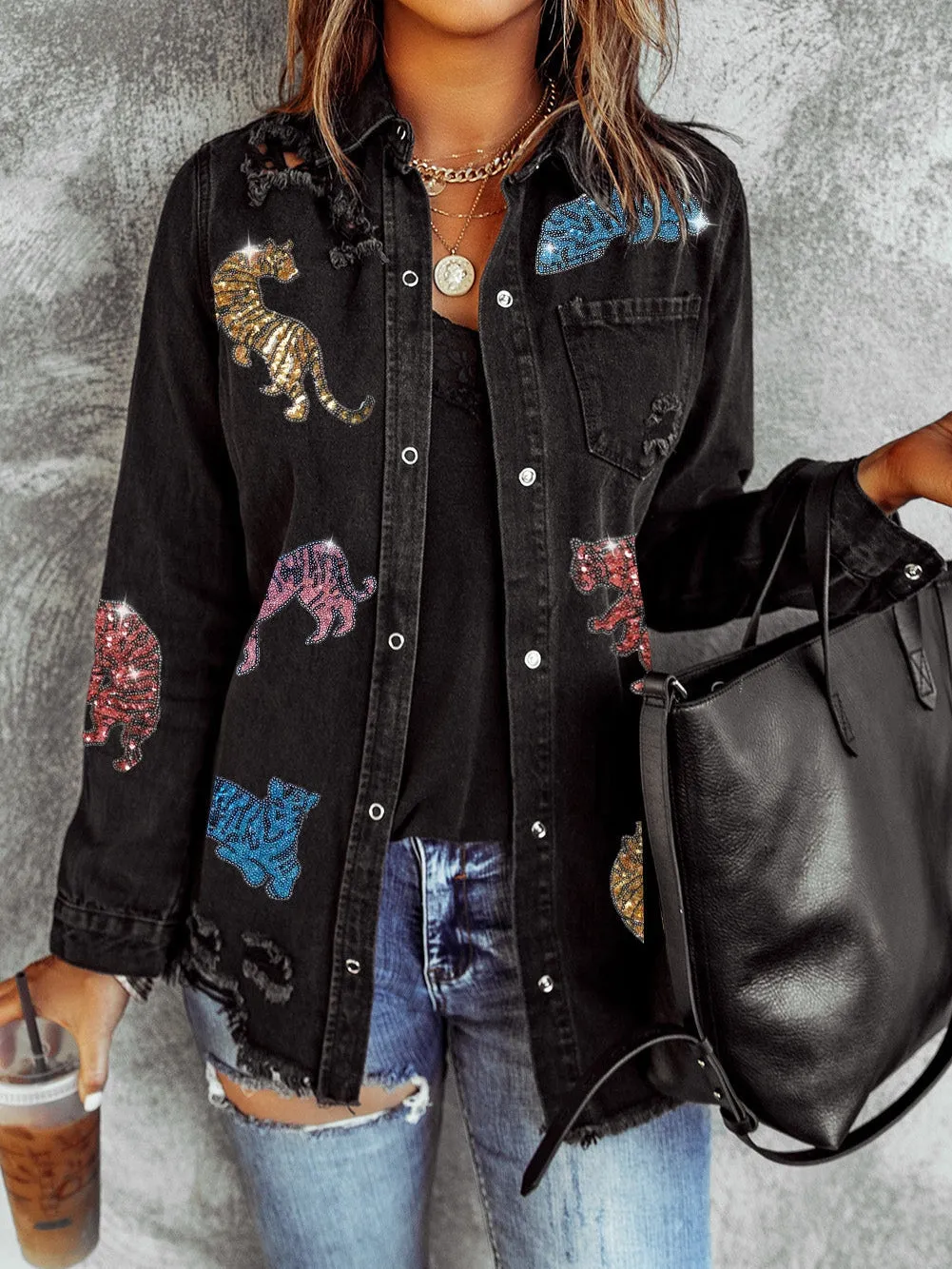 Black Denim Jacket with Tiger Appliques