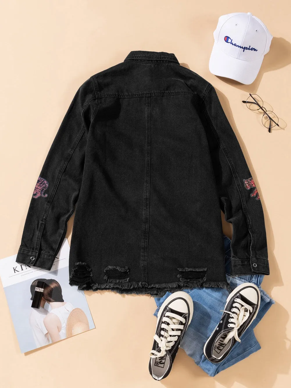 Black Denim Jacket with Tiger Appliques