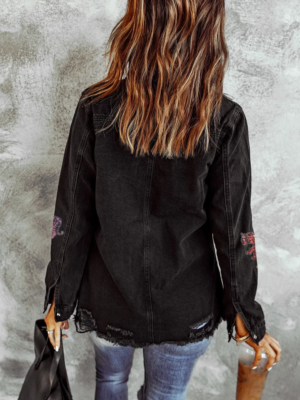 Black Denim Jacket with Tiger Appliques