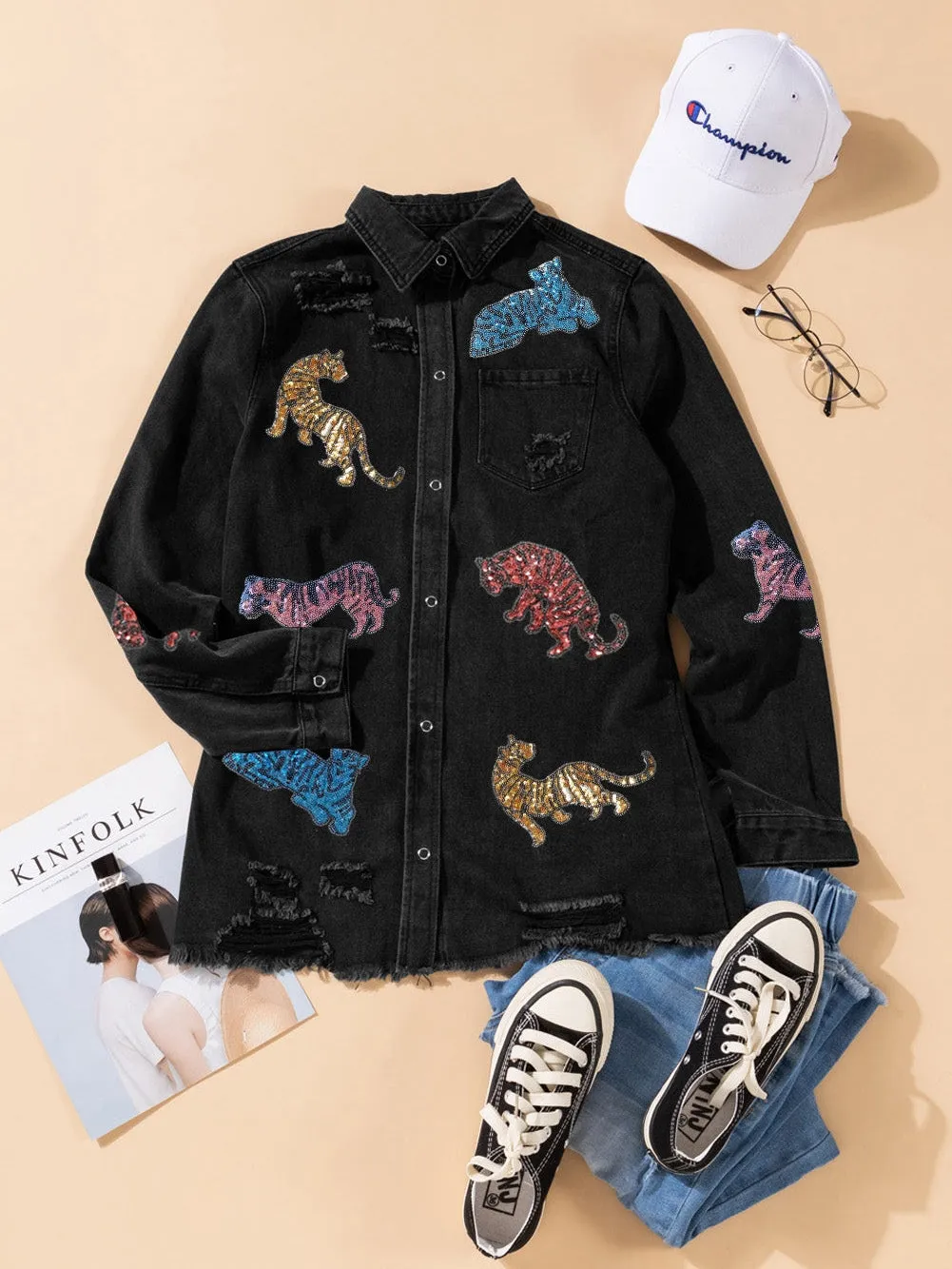 Black Denim Jacket with Tiger Appliques