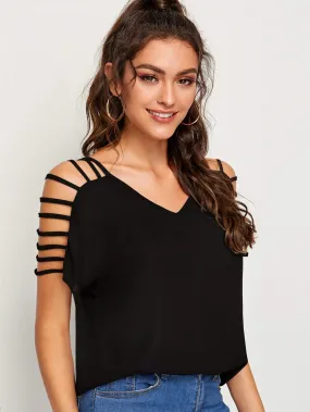 Black V-neck Laddering Cutout Shoulder Top