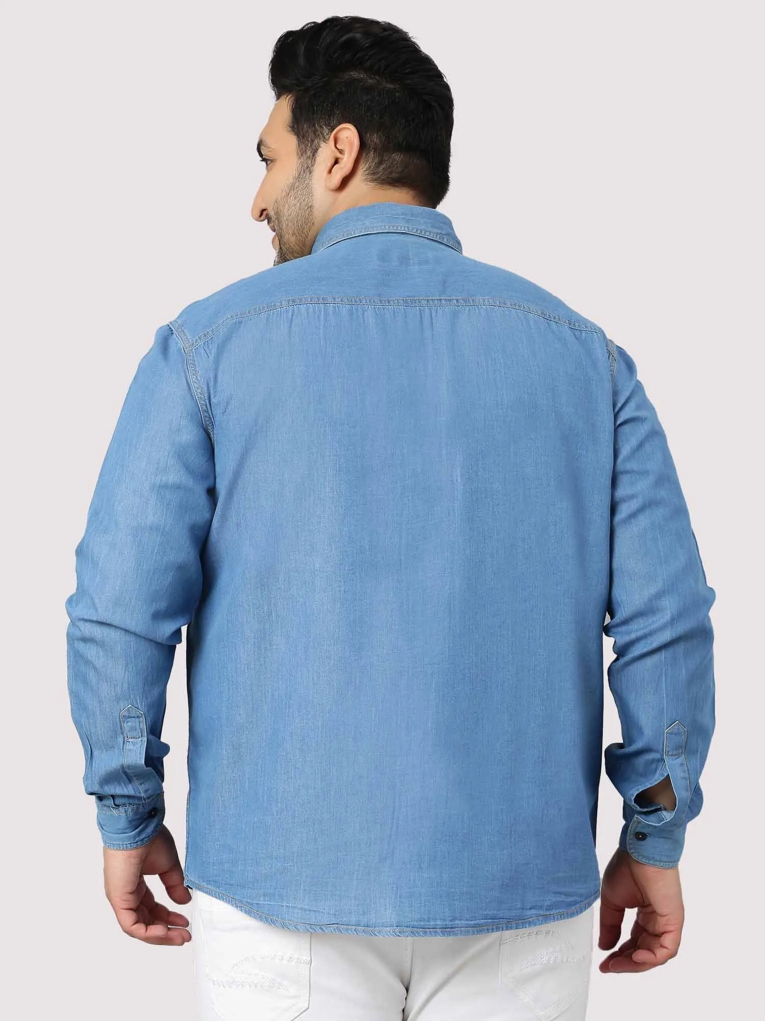 Blue Denim Single Pocket Full Sleeve Shirt Men's Plus Size