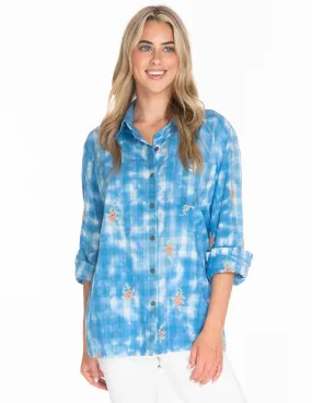 Blue Embroidered Button Up Top