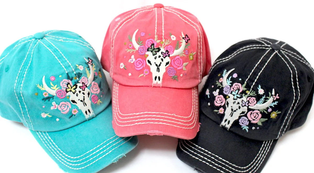 CAPS 'N VINTAGE Rose Pink Women's Floral Cow Skull Embroidery & Rose Detail Hat