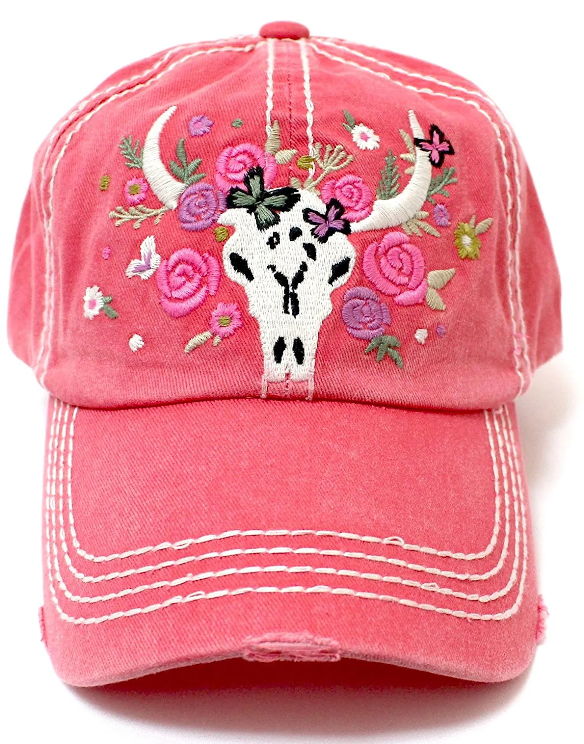 CAPS 'N VINTAGE Rose Pink Women's Floral Cow Skull Embroidery & Rose Detail Hat