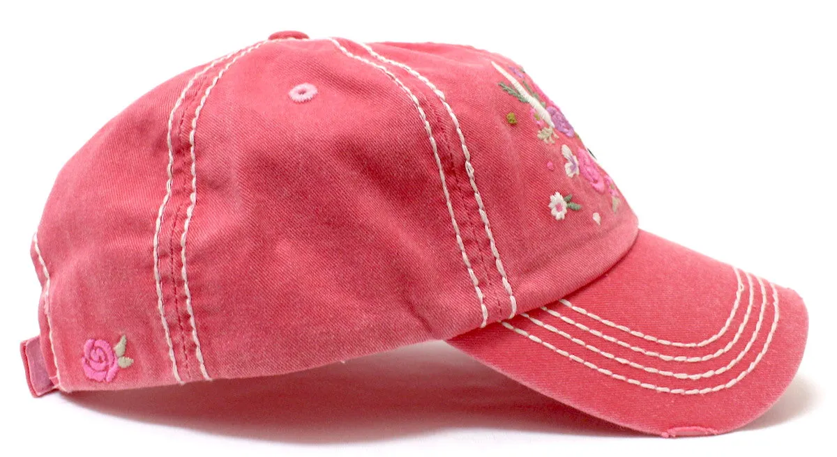 CAPS 'N VINTAGE Rose Pink Women's Floral Cow Skull Embroidery & Rose Detail Hat