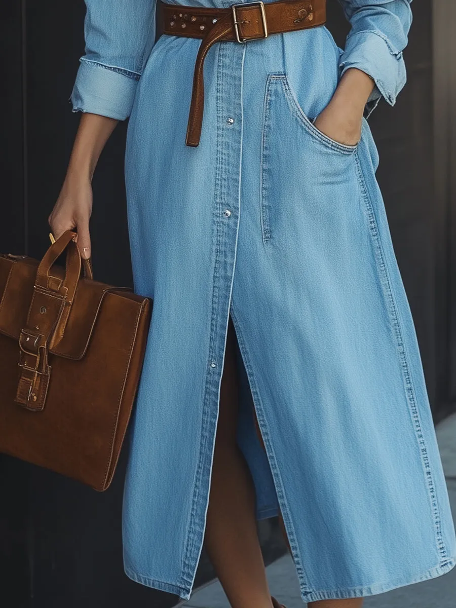 Casual Elegance Denim Maxi Dress with Leather Belt