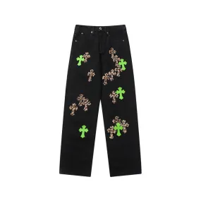 CHROME HEARTS JEANS BLACK GREEN LEOPARD