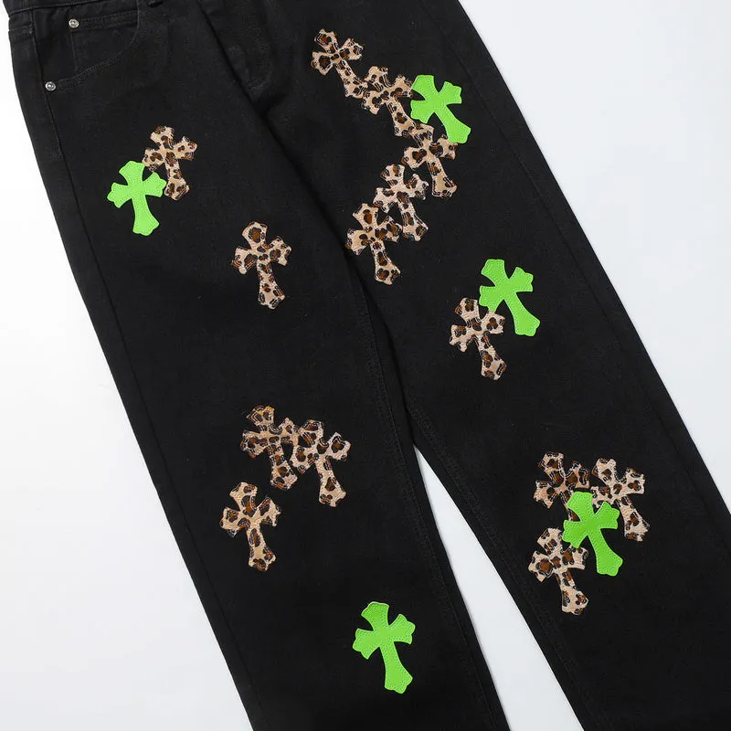 CHROME HEARTS JEANS BLACK GREEN LEOPARD