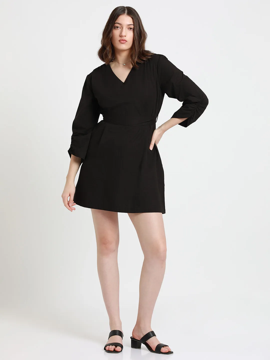 DL Woman V- Neck Regular Fit Solid Black A-Line Dress