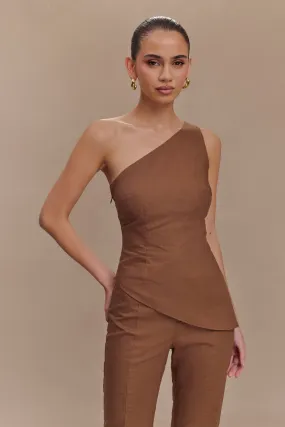 Dora Linen One Shoulder Top - Cacao Brown