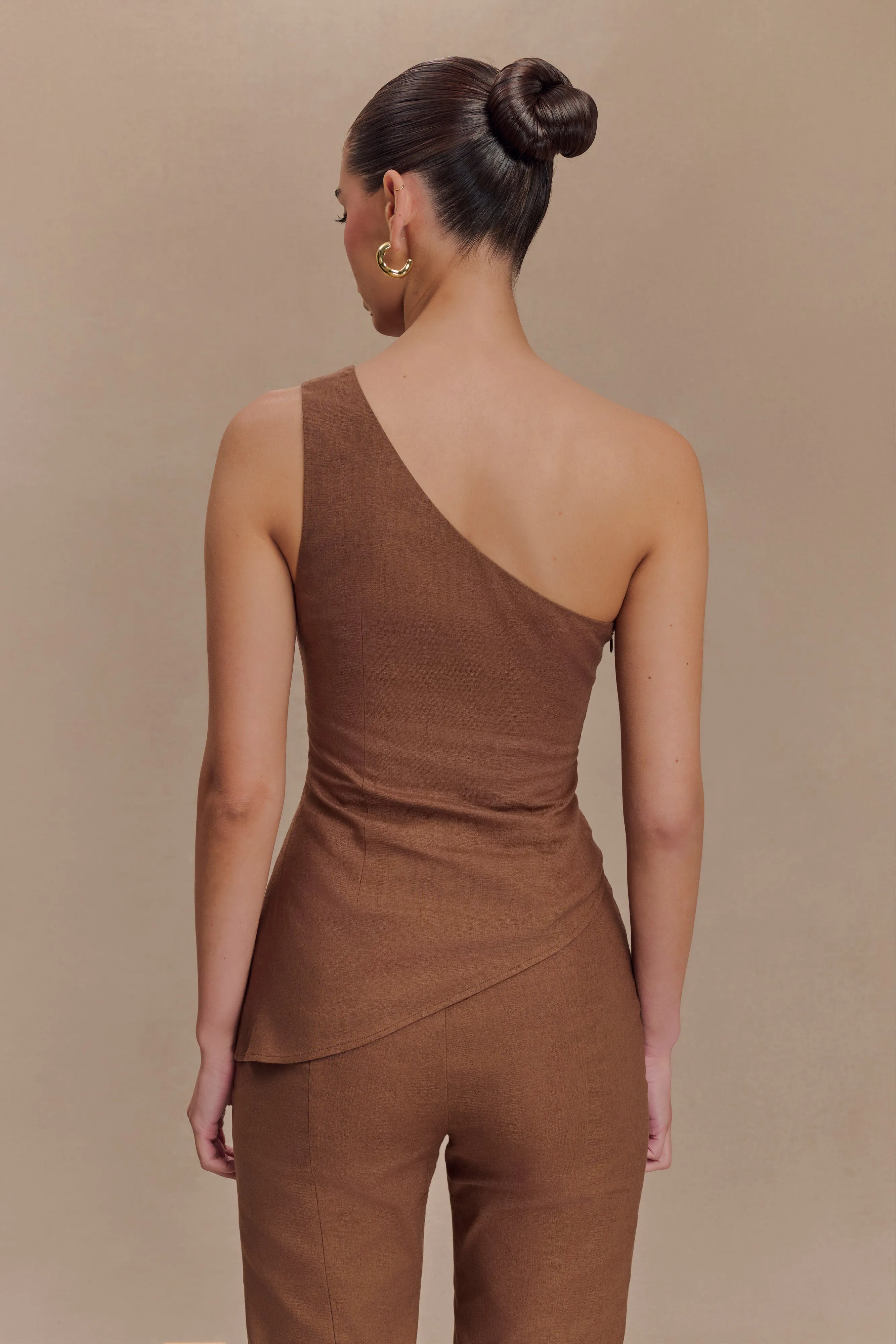 Dora Linen One Shoulder Top - Cacao Brown