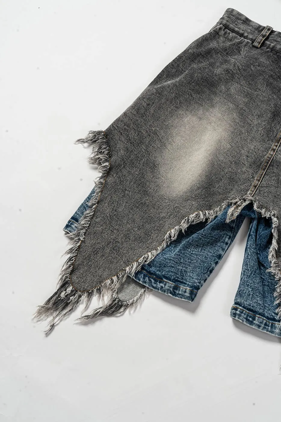 Double Denim Chaps with Distressed Fringe Detail