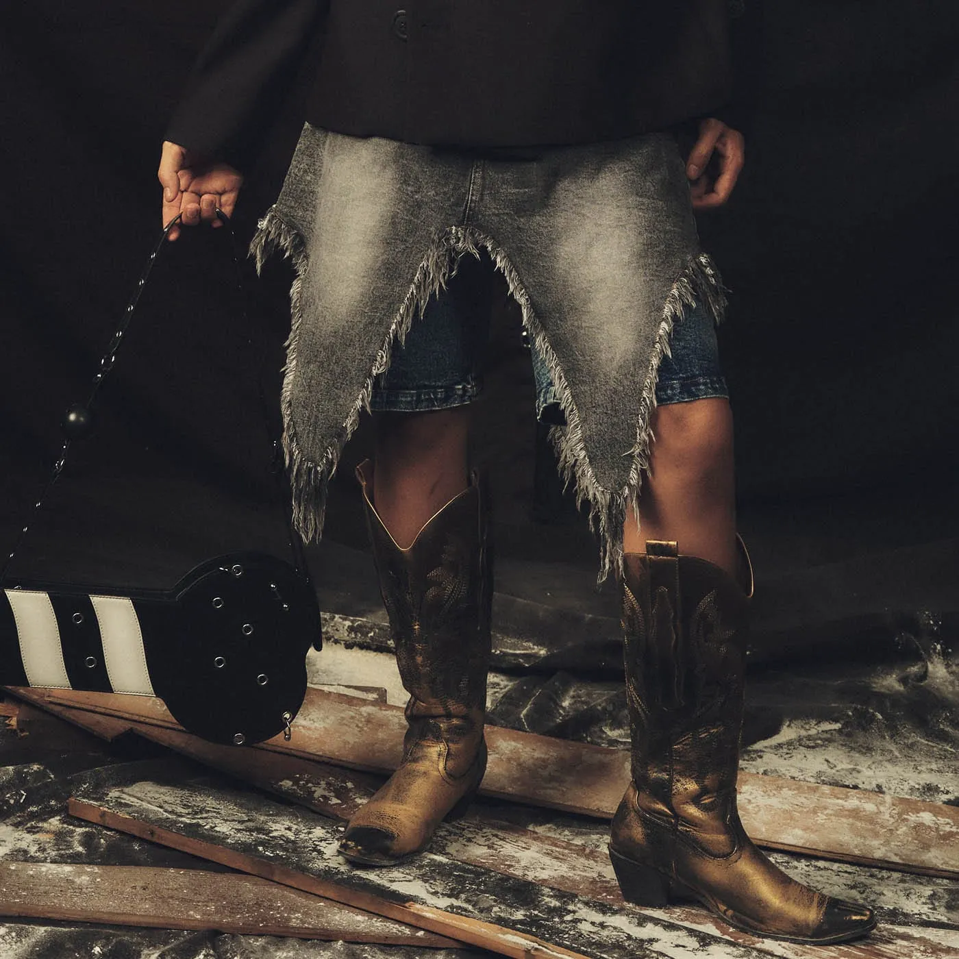 Double Denim Chaps with Distressed Fringe Detail