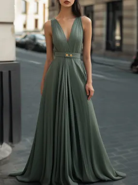 Elegant Pleated V-Neck Maxi Dress with Belted Waist