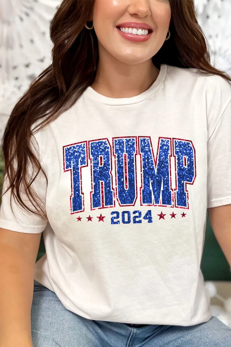 Faux Sequin Trump 2024 Transfer Short Sleeve Relaxed Fit T-Shirt