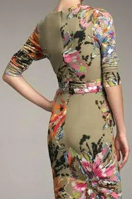 Floral Abstract Print V-Neck Ruched Jersey Dress-Multi Color