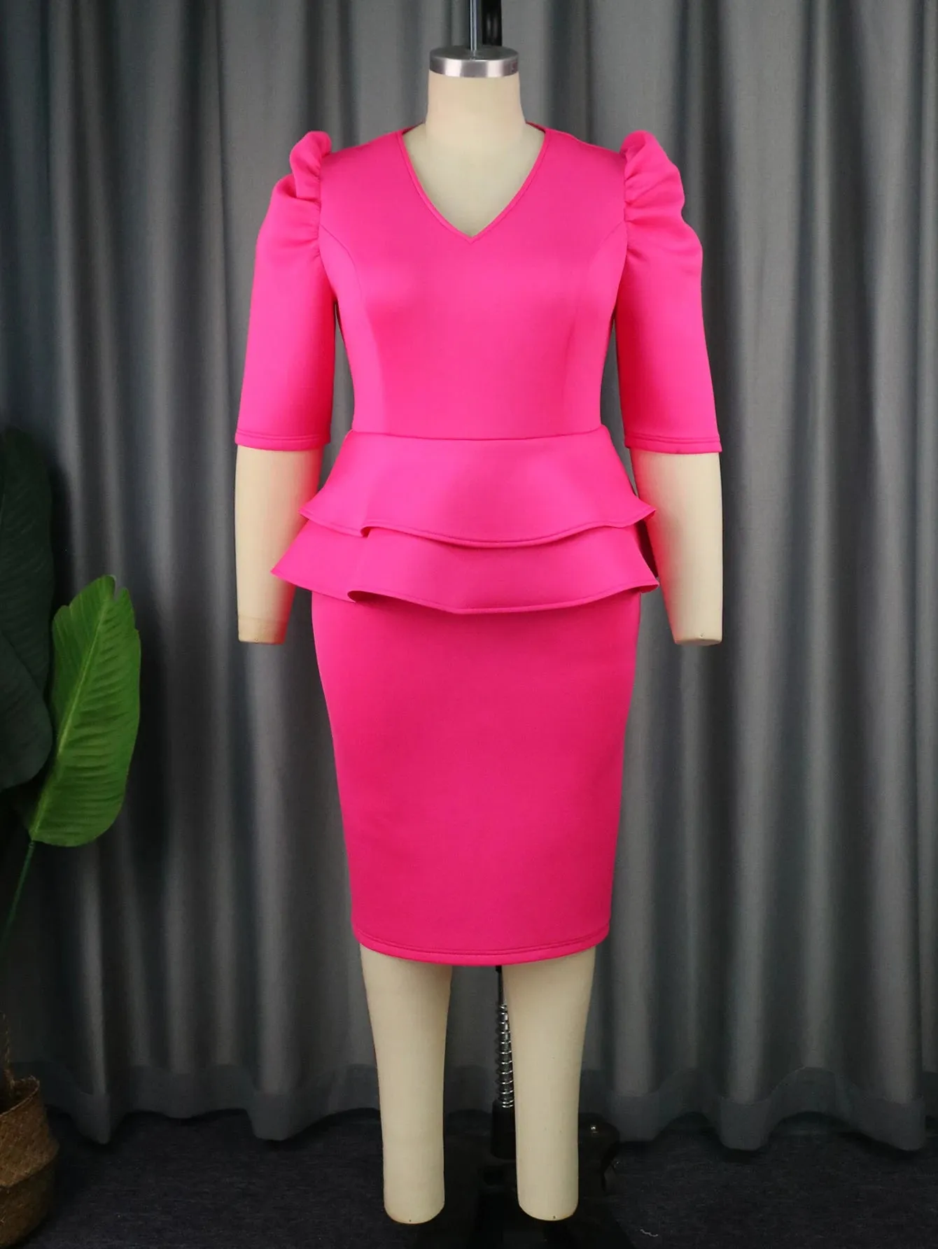 Fuchsia Dresses for Ladies V Neck Puff Half Sleeve Empire Peplum Ruffles Midi Office Work Evening Party Outfits S3960241