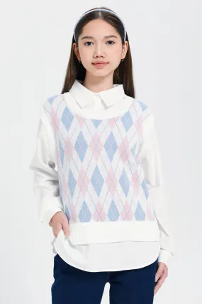 Girls Pink And Blue Argyle Print Pullover