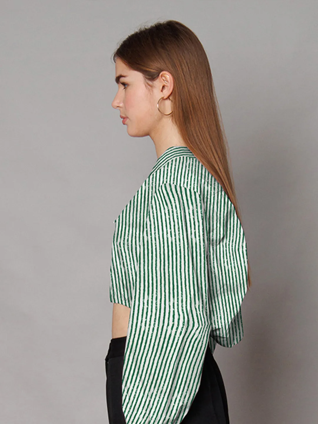 Green Stripes Relaxed Fit Crop Shirt