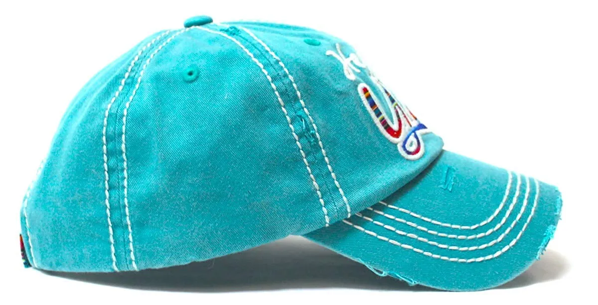 Hey Y'all Serape Monogram Embroidery Adjustable Hat, Vintage Turquoise