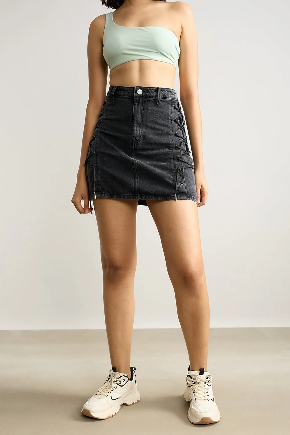 High Waisted Denim Skirt- Charcoal