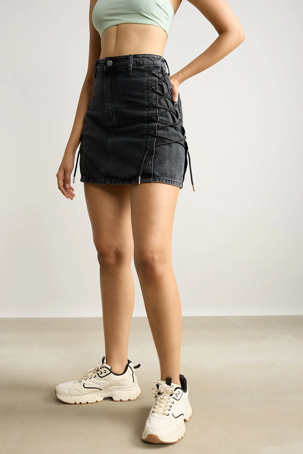 High Waisted Denim Skirt- Charcoal