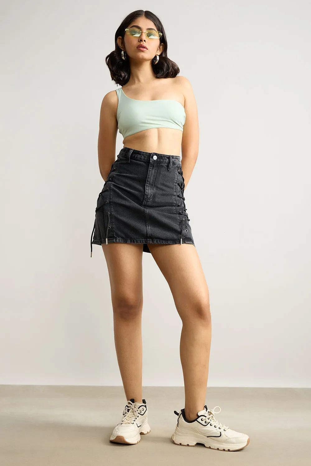 High Waisted Denim Skirt- Charcoal