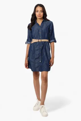 Impress Belted Denim Tencel Day Dress - Navy