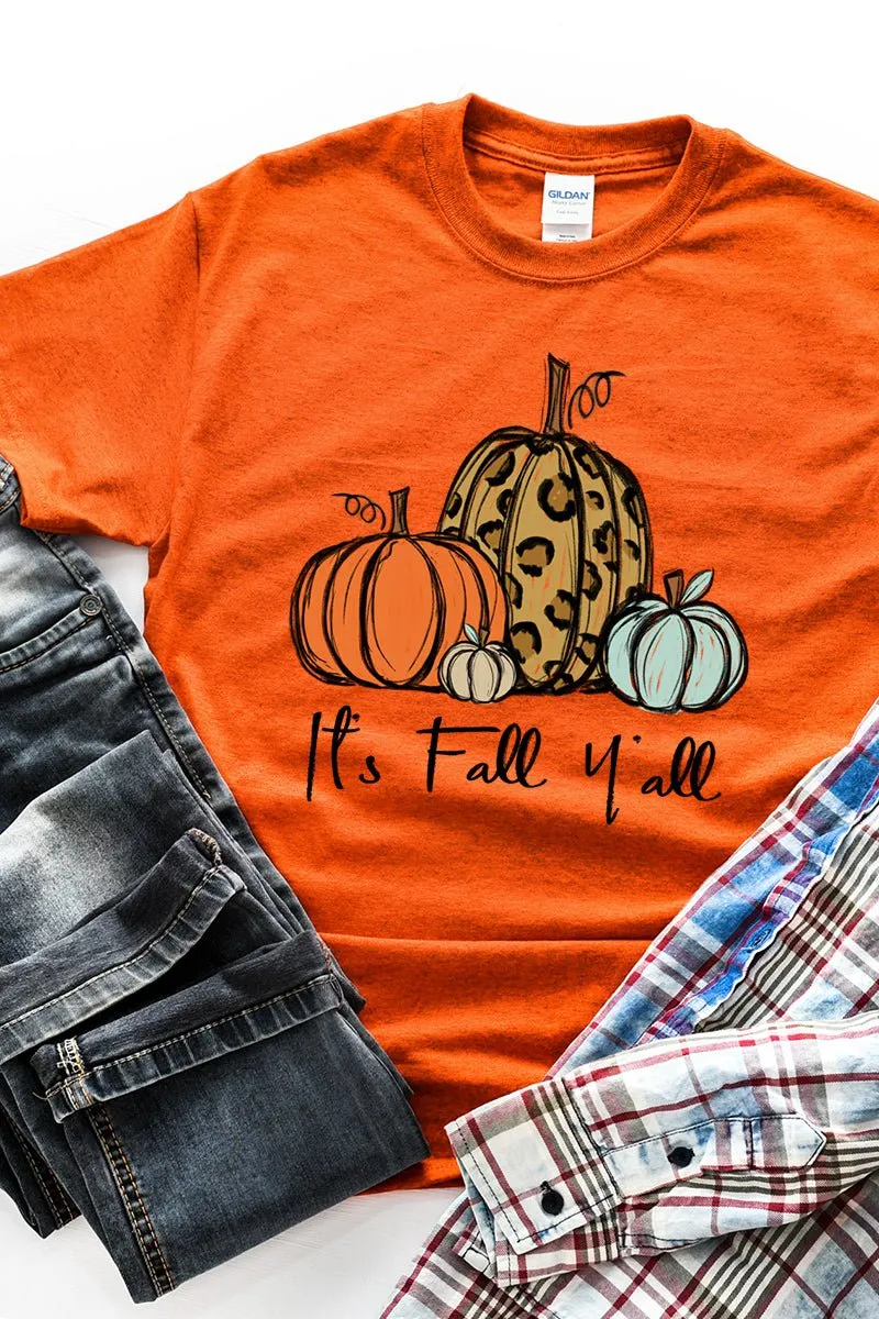 It's Fall Y'all Leopard Pumpkin Trio Short Sleeve Relaxed Fit T-Shirt