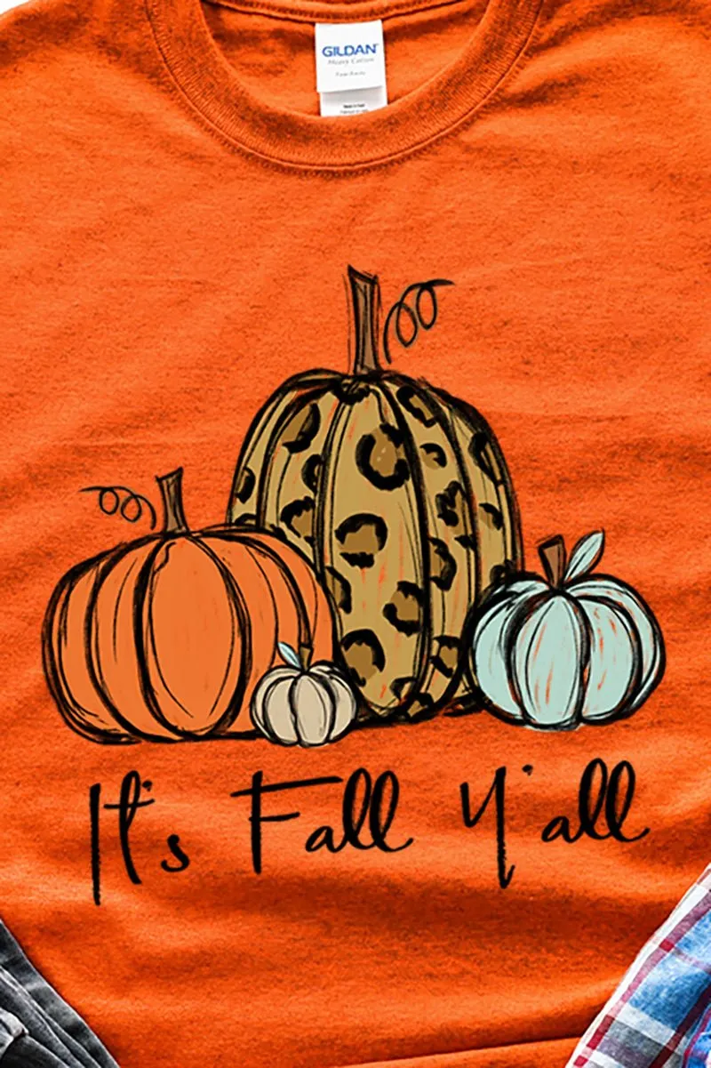 It's Fall Y'all Leopard Pumpkin Trio Short Sleeve Relaxed Fit T-Shirt