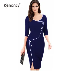 Kenancy 3XL Plus Size Elegant Patchwork Office Dress Women Vintage Split Bottom 3/4 Sleeve Deep O-Neck Bodycon Work Pencil