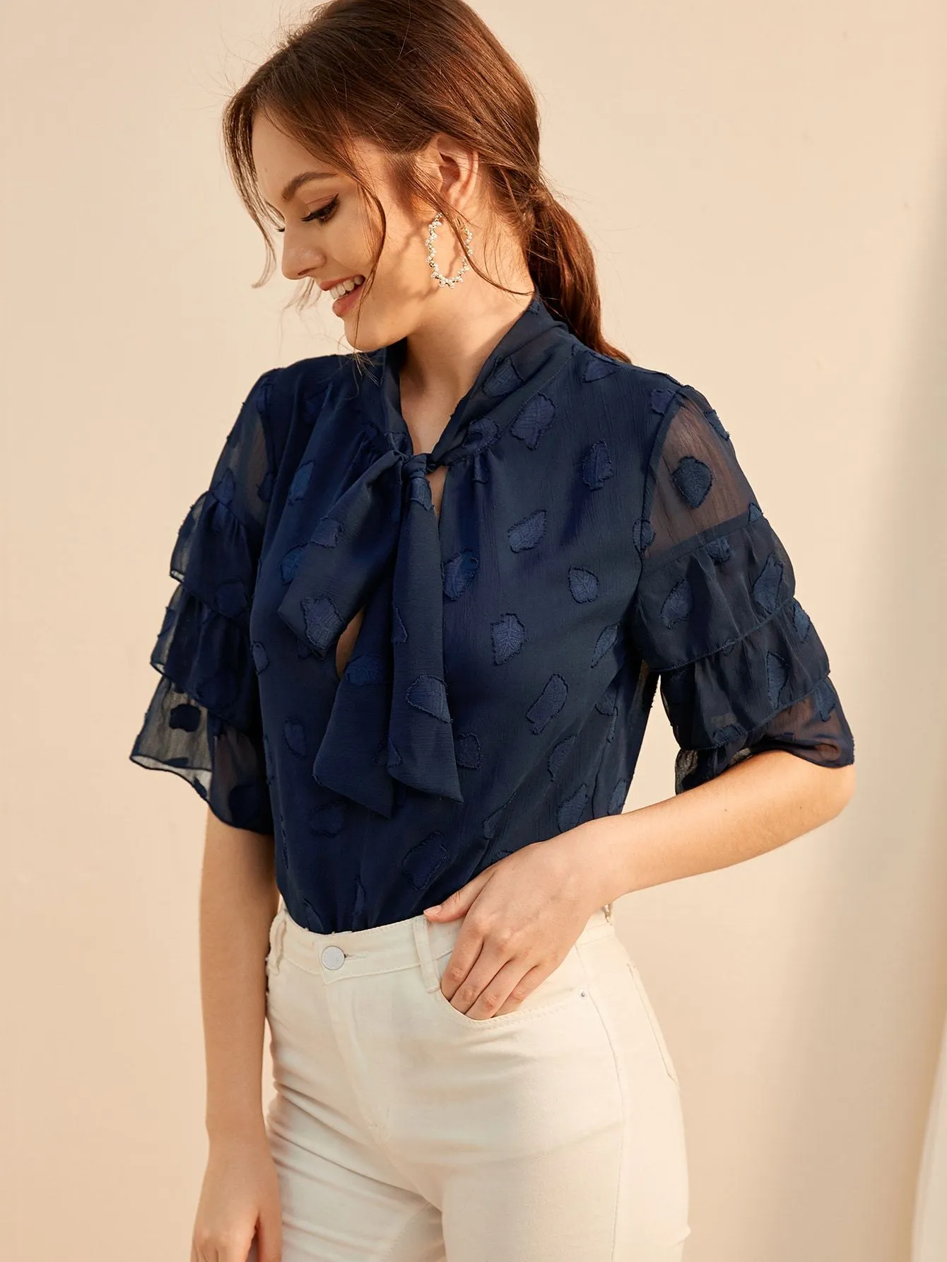 Layered Sleeve Tie Neck Embroidered Blouse