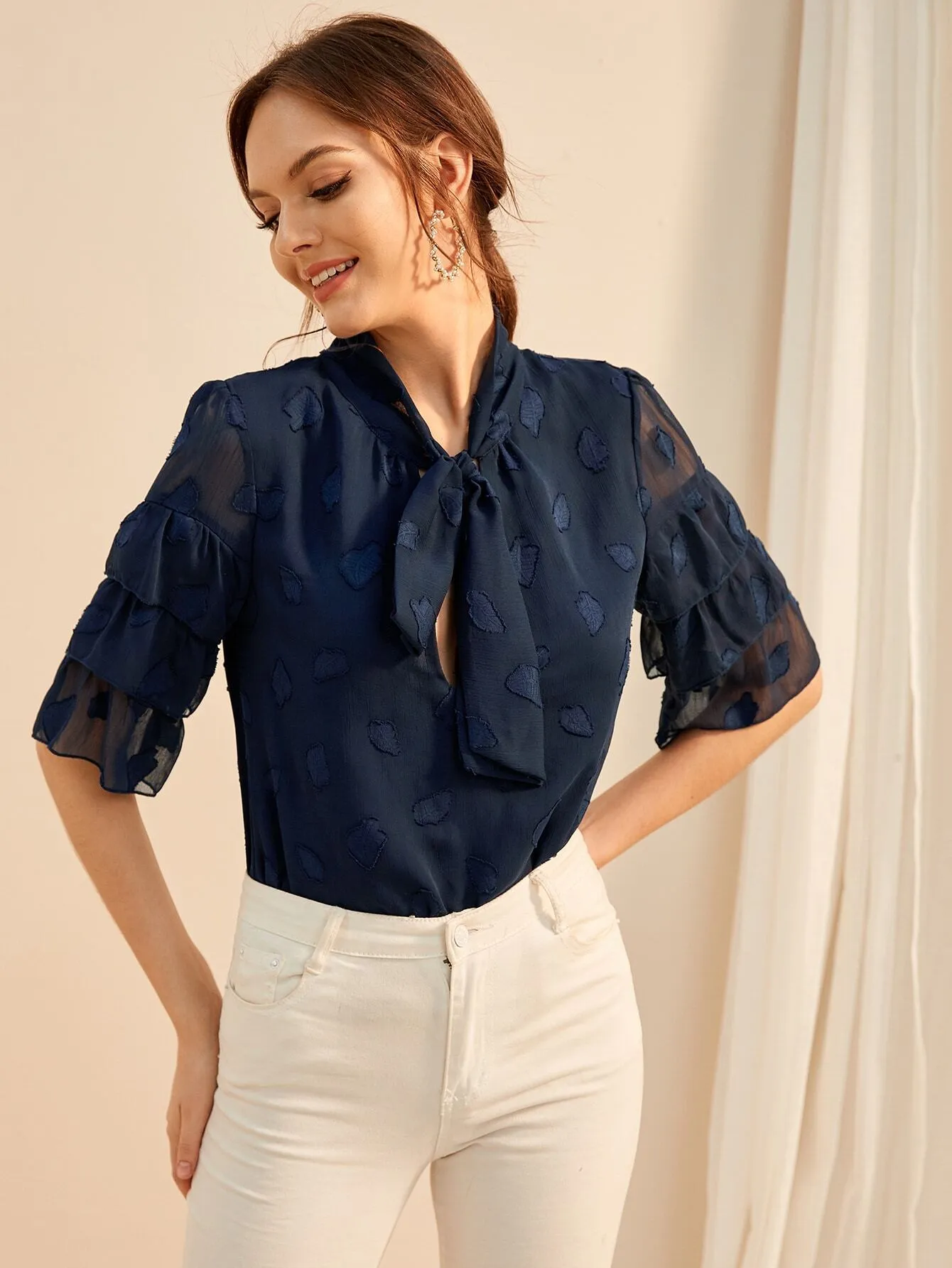 Layered Sleeve Tie Neck Embroidered Blouse