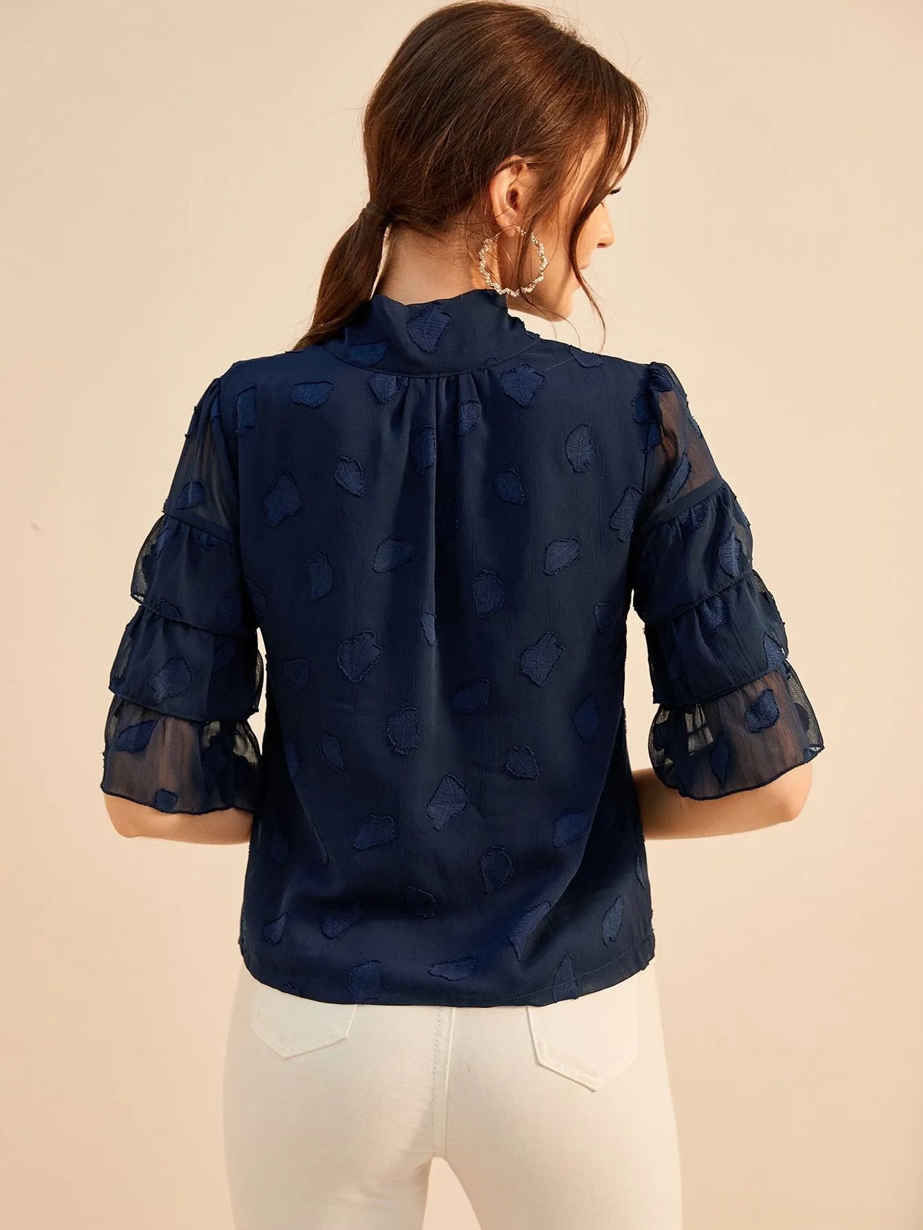 Layered Sleeve Tie Neck Embroidered Blouse