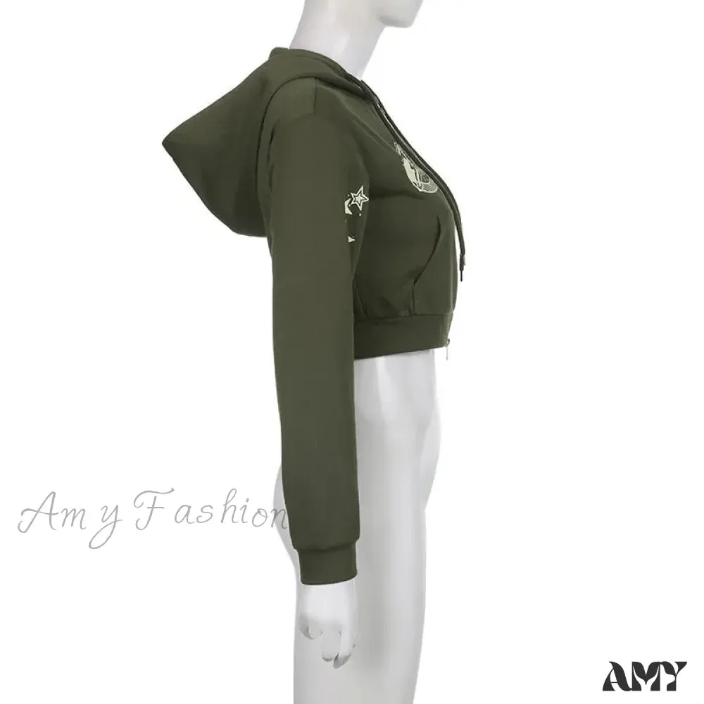 Letter Star Print Punk Retro Green Zipper  Long Sleeve Hoodie