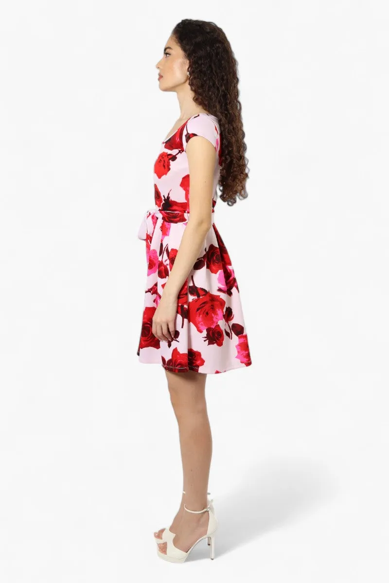 Limite Belted Floral Cap Sleeve Day Dress - Pink