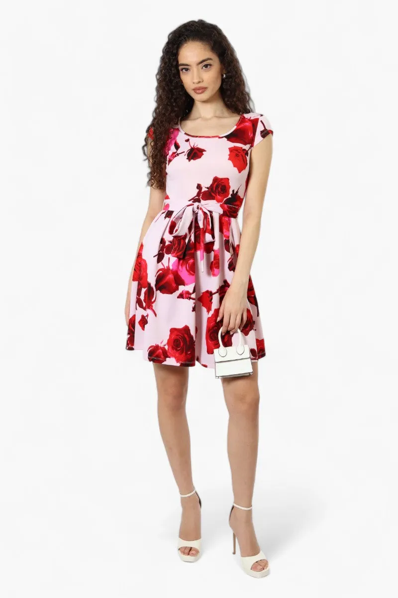 Limite Belted Floral Cap Sleeve Day Dress - Pink